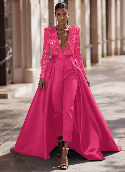 Jumpsuit/Pantsuit Plunge Neck Long Sleeves Detachable Satin/Velvet Sequin Mother Of The Bride Dresses With Sequins