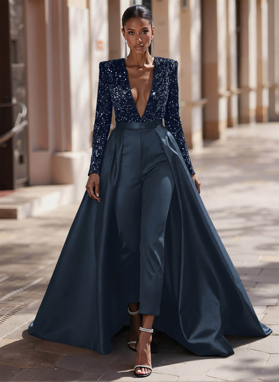 Jumpsuit/Pantsuit Plunge Neck Long Sleeves Detachable Satin/Velvet Sequin Mother Of The Bride Dresses With Sequins