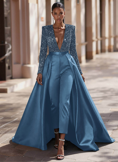Jumpsuit/Pantsuit Plunge Neck Long Sleeves Detachable Satin/Velvet Sequin Mother Of The Bride Dresses With Sequins