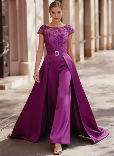 Jumpsuit/Pantsuit Scoop Neck Short Sleeves Detachable Lace/Satin Mother Of The Bride Dresses With Rhinestone/Sash