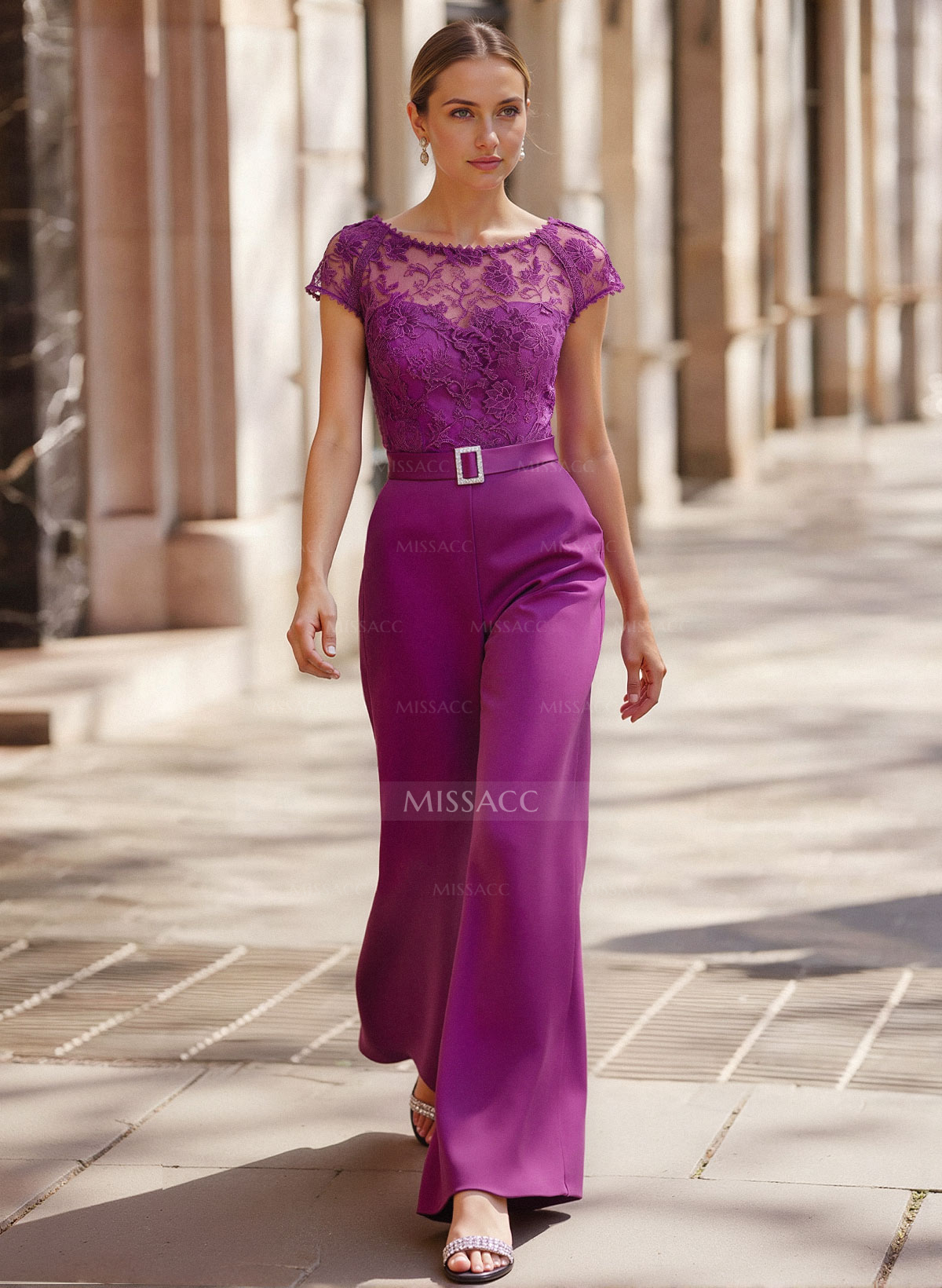 Jumpsuit/Pantsuit Scoop Neck Short Sleeves Detachable Lace/Satin Mother Of The Bride Dresses With Rhinestone/Sash