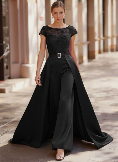 Jumpsuit/Pantsuit Scoop Neck Short Sleeves Detachable Lace/Satin Mother Of The Bride Dresses With Rhinestone/Sash