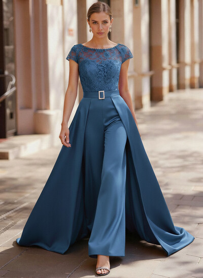 Jumpsuit/Pantsuit Scoop Neck Short Sleeves Detachable Lace/Satin Mother Of The Bride Dresses With Rhinestone/Sash