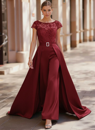Jumpsuit/Pantsuit Scoop Neck Short Sleeves Detachable Lace/Satin Mother Of The Bride Dresses With Rhinestone/Sash