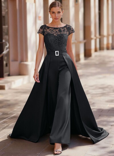 Jumpsuit/Pantsuit Scoop Neck Short Sleeves Detachable Lace/Satin Mother Of The Bride Dresses With Rhinestone/Sash