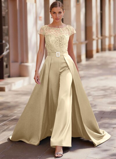Jumpsuit/Pantsuit Scoop Neck Short Sleeves Detachable Lace/Satin Mother Of The Bride Dresses With Rhinestone/Sash