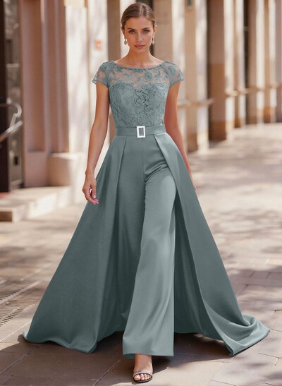 Jumpsuit/Pantsuit Scoop Neck Short Sleeves Detachable Lace/Satin Mother Of The Bride Dresses With Rhinestone/Sash