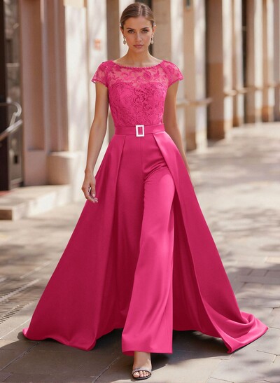 Jumpsuit/Pantsuit Scoop Neck Short Sleeves Detachable Lace/Satin Mother Of The Bride Dresses With Rhinestone/Sash