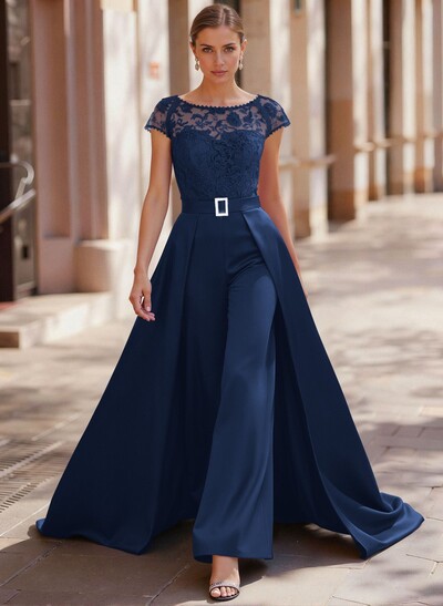 Jumpsuit/Pantsuit Scoop Neck Short Sleeves Detachable Lace/Satin Mother Of The Bride Dresses With Rhinestone/Sash