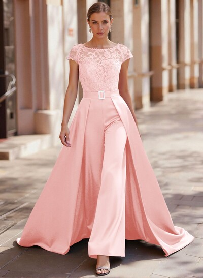 Jumpsuit/Pantsuit Scoop Neck Short Sleeves Detachable Lace/Satin Mother Of The Bride Dresses With Rhinestone/Sash
