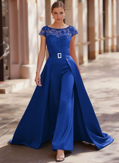 Jumpsuit/Pantsuit Scoop Neck Short Sleeves Detachable Lace/Satin Mother Of The Bride Dresses With Rhinestone/Sash
