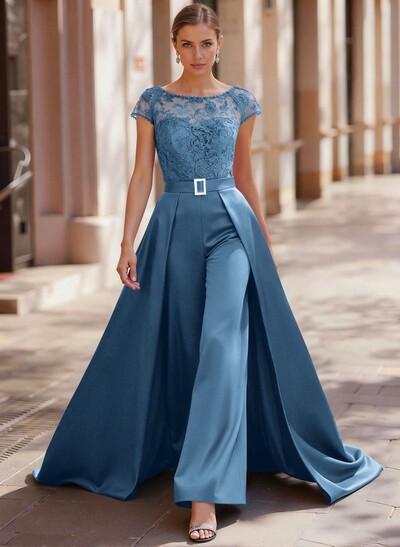 Jumpsuit/Pantsuit Scoop Neck Short Sleeves Detachable Lace/Satin Mother Of The Bride Dresses With Rhinestone/Sash