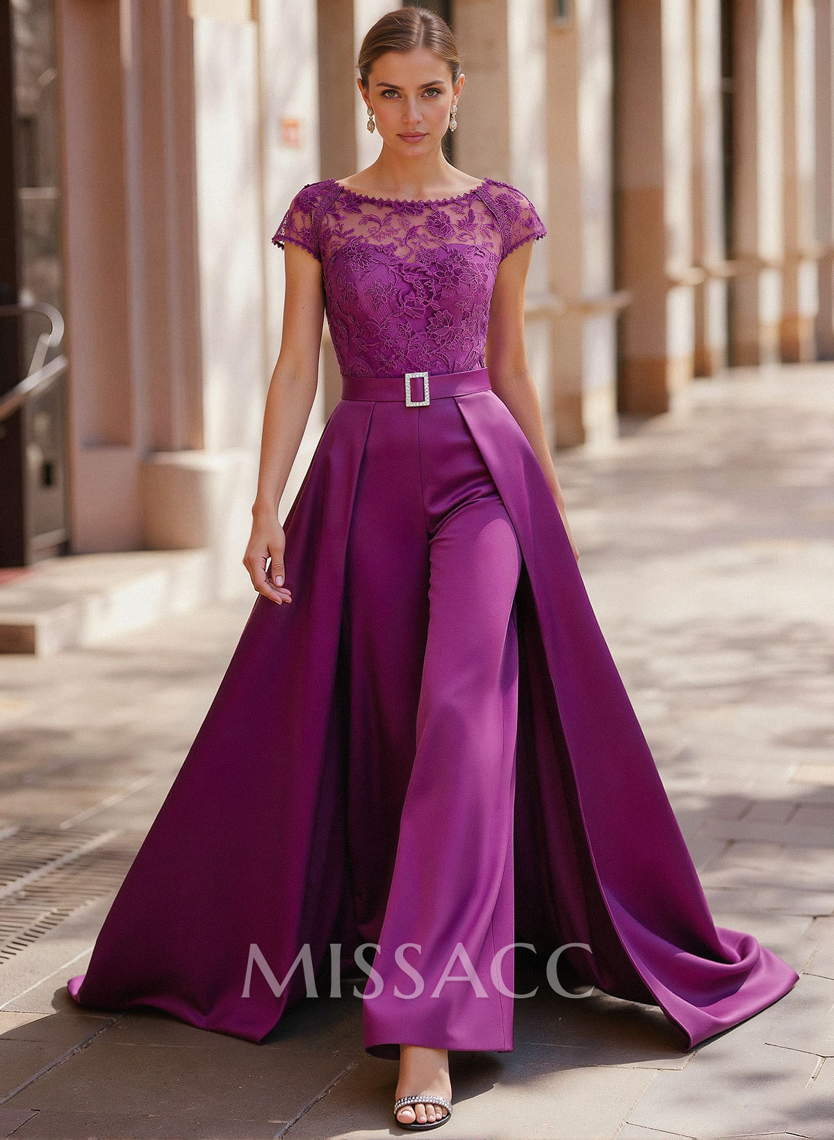 Jumpsuit/Pantsuit Scoop Neck Short Sleeves Detachable Lace/Satin Mother Of The Bride Dresses With Rhinestone/Sash