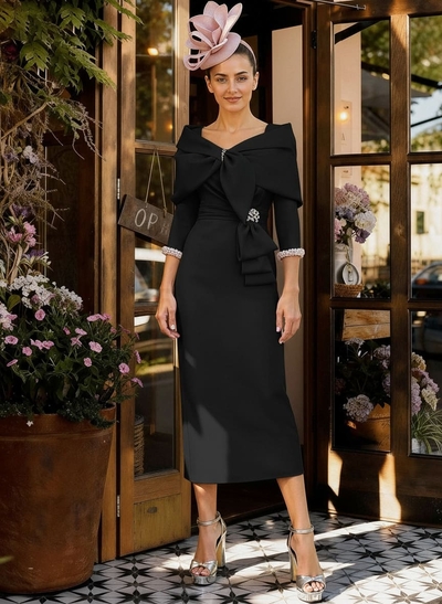 Sheath Column V-Neck 3/4 Sleeves Tea-Length Elastic Satin Mother Of The Bride Dresses With Beading