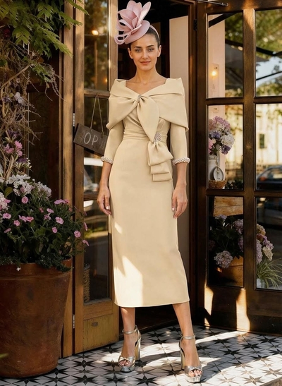 Sheath Column V-Neck 3/4 Sleeves Tea-Length Elastic Satin Mother Of The Bride Dresses With Beading
