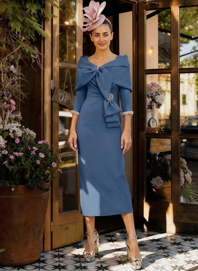 Sheath Column V-Neck 3/4 Sleeves Tea-Length Elastic Satin Mother Of The Bride Dresses With Beading