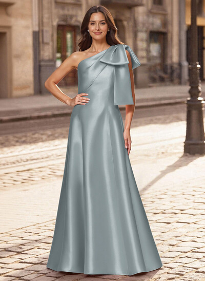 A-Line One-Shoulder Sleeveless Floor-Length Satin Mother Of The Bride Dresses With Bow(s)