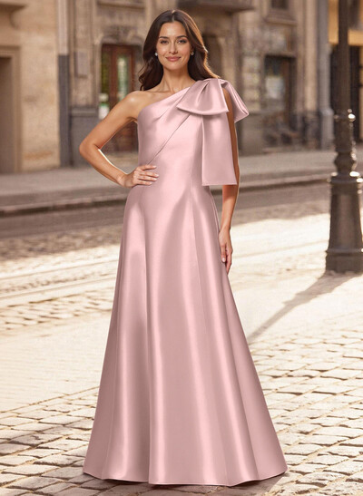 A-Line One-Shoulder Sleeveless Floor-Length Satin Mother Of The Bride Dresses With Bow(s)