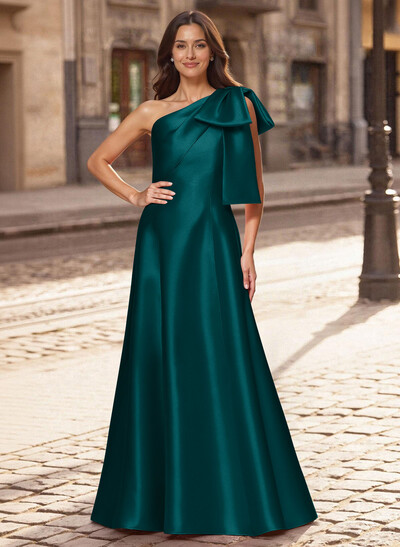 A-Line One-Shoulder Sleeveless Floor-Length Satin Mother Of The Bride Dresses With Bow(s)