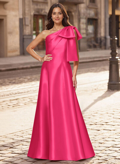 A-Line One-Shoulder Sleeveless Floor-Length Satin Mother Of The Bride Dresses With Bow(s)