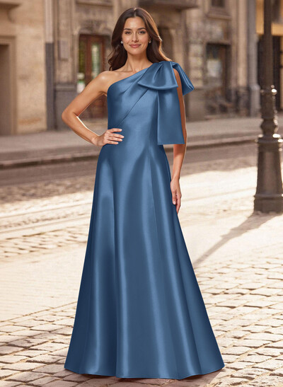 A-Line One-Shoulder Sleeveless Floor-Length Satin Mother Of The Bride Dresses With Bow(s)