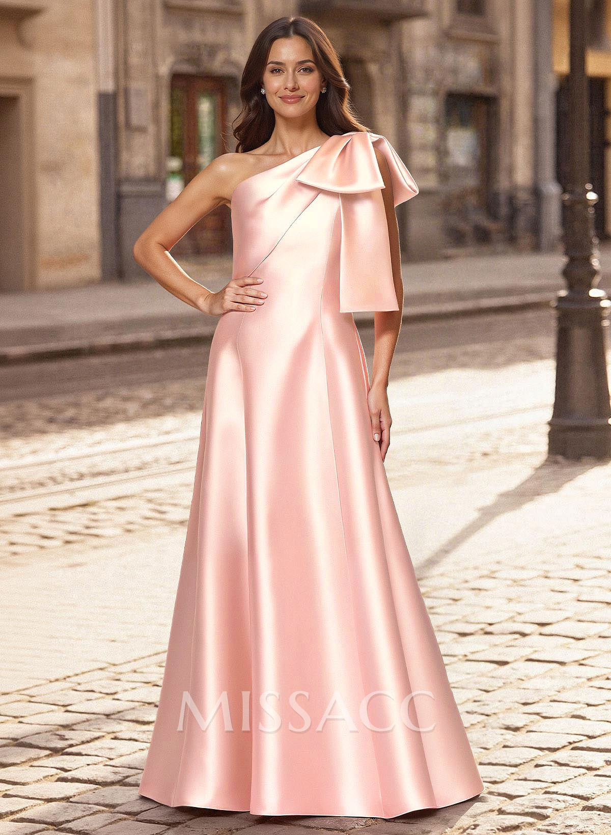 A-Line One-Shoulder Sleeveless Floor-Length Satin Mother Of The Bride Dresses With Bow(s)