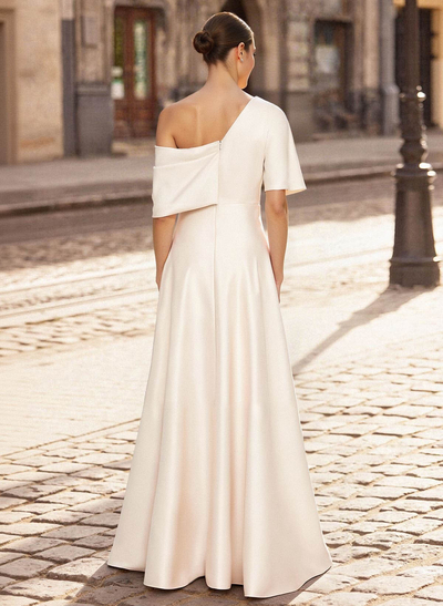 A-Line Asymmetrical 1/2 Sleeves Floor-Length Crepe Satin Evening Dresses
