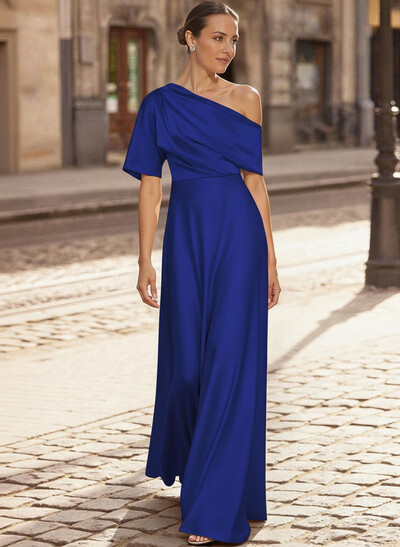 A-Line Asymmetrical 1/2 Sleeves Floor-Length Crepe Satin Mother Of The Bride Dresses