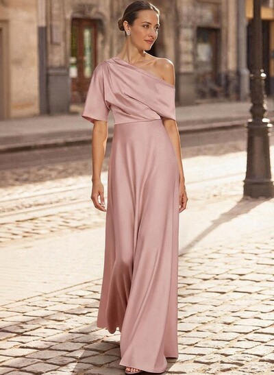 A-Line Asymmetrical 1/2 Sleeves Floor-Length Crepe Satin Mother Of The Bride Dresses