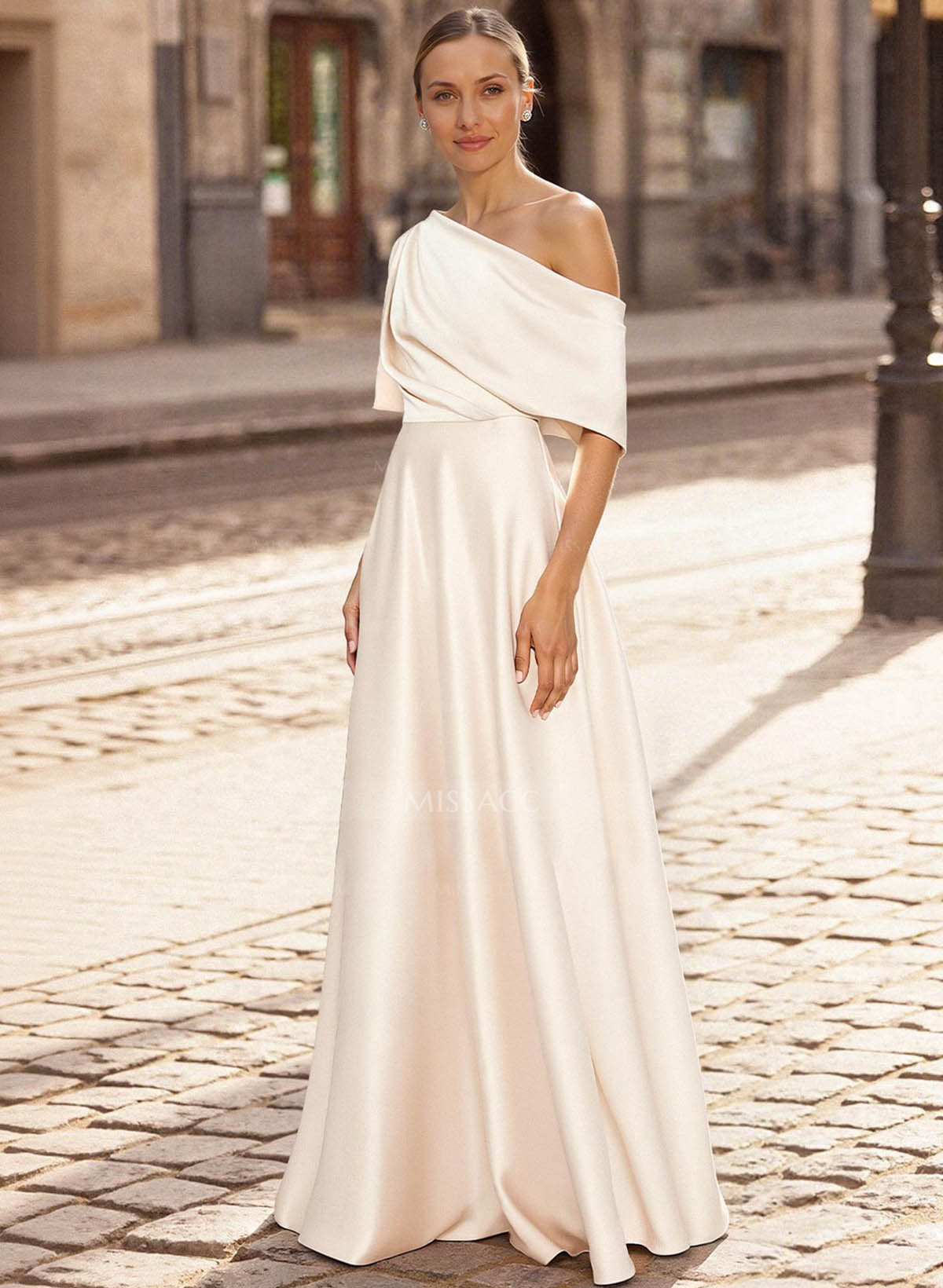A-Line Asymmetrical 1/2 Sleeves Floor-Length Crepe Satin Mother Of The Bride Dresses