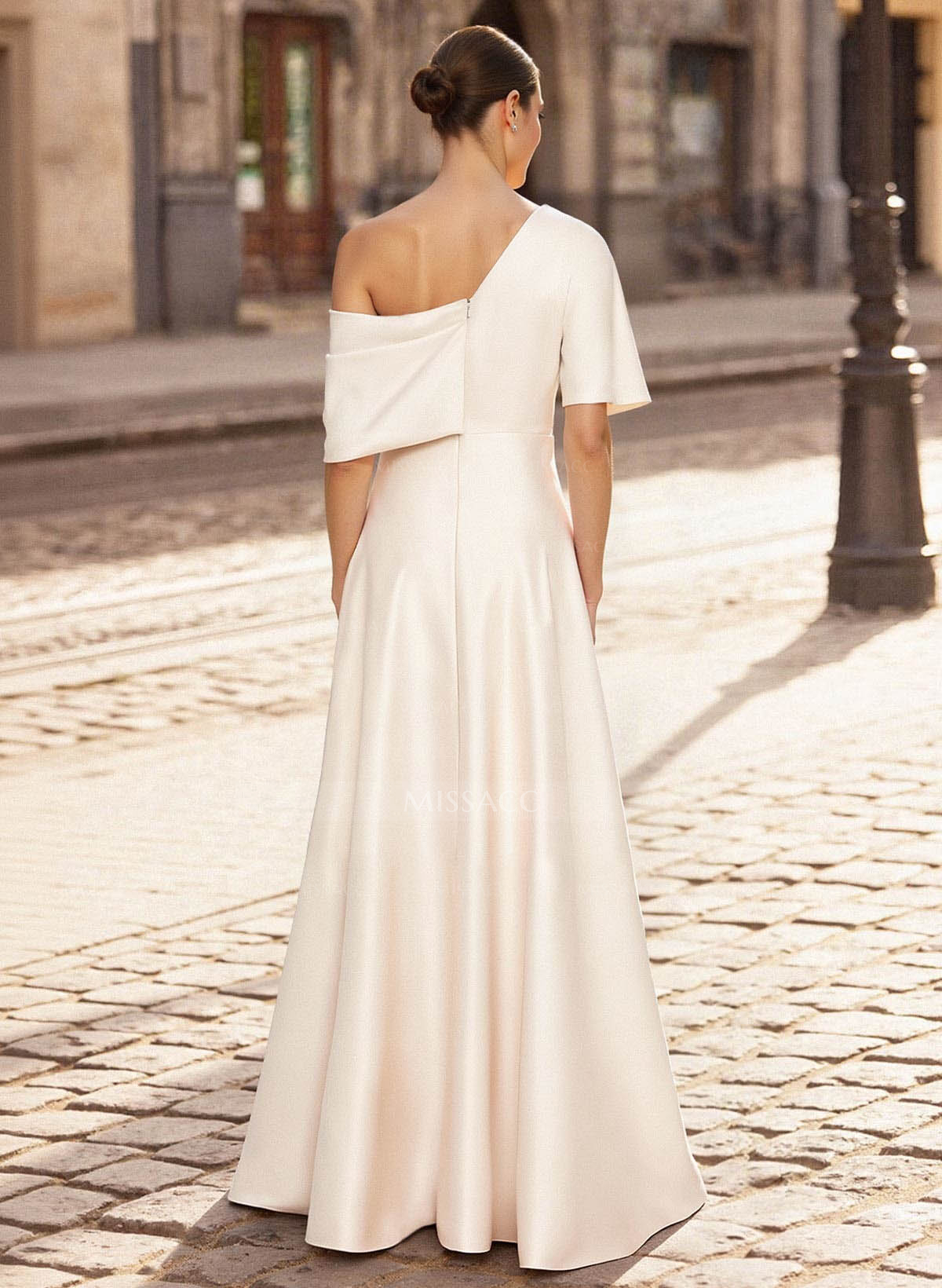 A-Line Asymmetrical 1/2 Sleeves Floor-Length Crepe Satin Mother Of The Bride Dresses