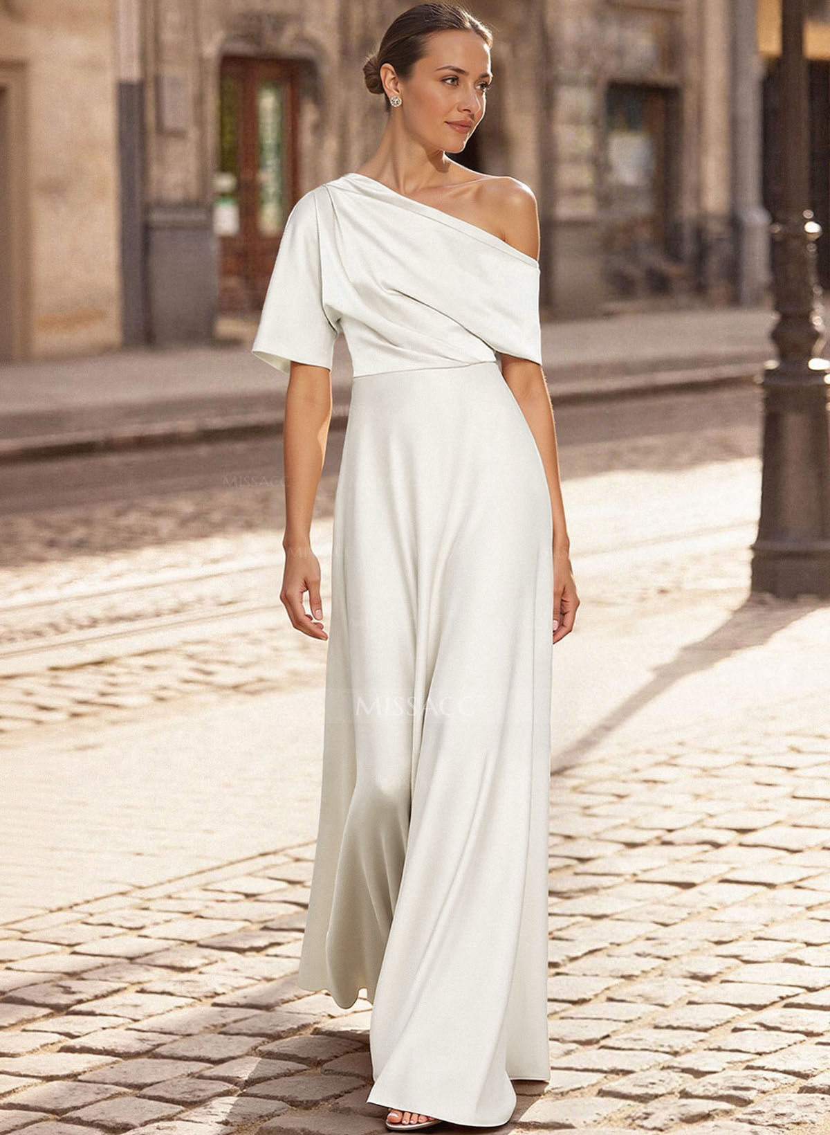 A-Line Asymmetrical 1/2 Sleeves Floor-Length Crepe Satin Mother Of The Bride Dresses