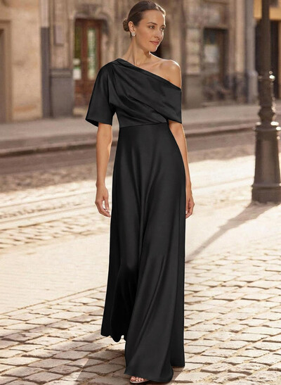 A-Line Asymmetrical 1/2 Sleeves Floor-Length Crepe Satin Mother Of The Bride Dresses