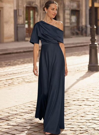 A-Line Asymmetrical 1/2 Sleeves Floor-Length Crepe Satin Mother Of The Bride Dresses