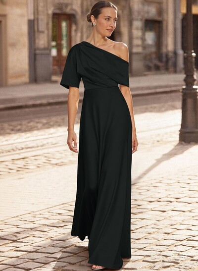 A-Line Asymmetrical 1/2 Sleeves Floor-Length Crepe Satin Mother Of The Bride Dresses