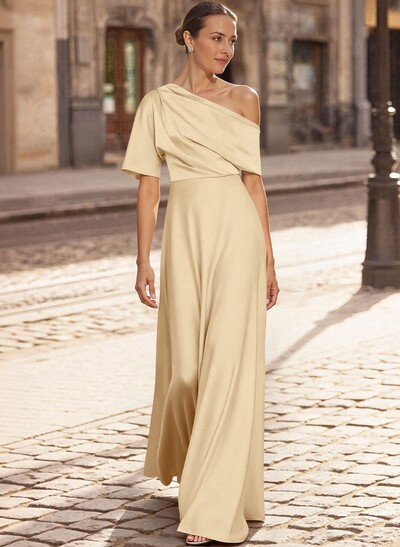 A-Line Asymmetrical 1/2 Sleeves Floor-Length Crepe Satin Mother Of The Bride Dresses