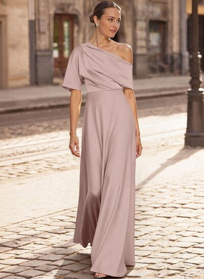 A-Line Asymmetrical 1/2 Sleeves Floor-Length Crepe Satin Mother Of The Bride Dresses