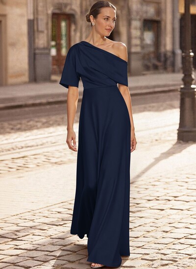 A-Line Asymmetrical 1/2 Sleeves Floor-Length Crepe Satin Mother Of The Bride Dresses
