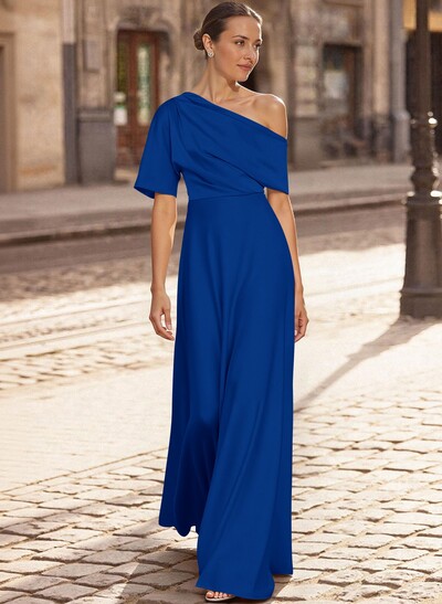 A-Line Asymmetrical 1/2 Sleeves Floor-Length Crepe Satin Mother Of The Bride Dresses