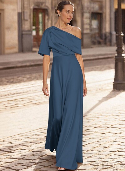 A-Line Asymmetrical 1/2 Sleeves Floor-Length Crepe Satin Mother Of The Bride Dresses