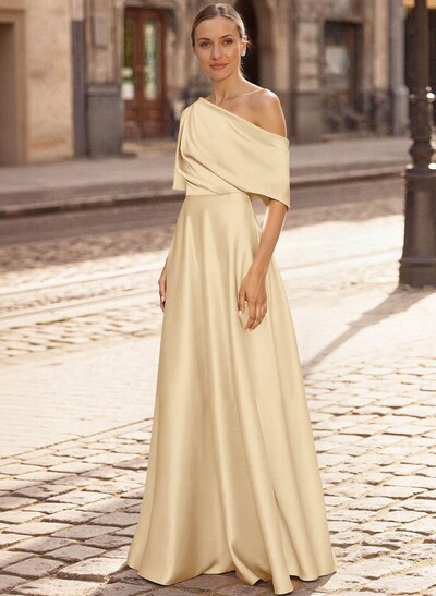 A-Line Asymmetrical 1/2 Sleeves Floor-Length Crepe Satin Mother Of The Bride Dresses