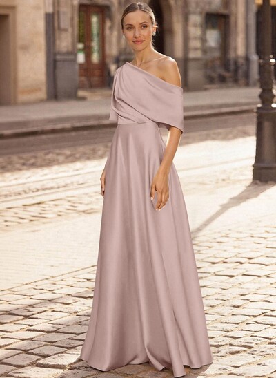 A-Line Asymmetrical 1/2 Sleeves Floor-Length Crepe Satin Mother Of The Bride Dresses