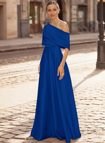 A-Line Asymmetrical 1/2 Sleeves Floor-Length Crepe Satin Mother Of The Bride Dresses