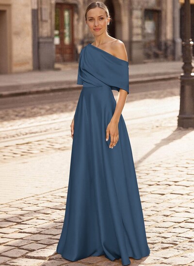 A-Line Asymmetrical 1/2 Sleeves Floor-Length Crepe Satin Mother Of The Bride Dresses