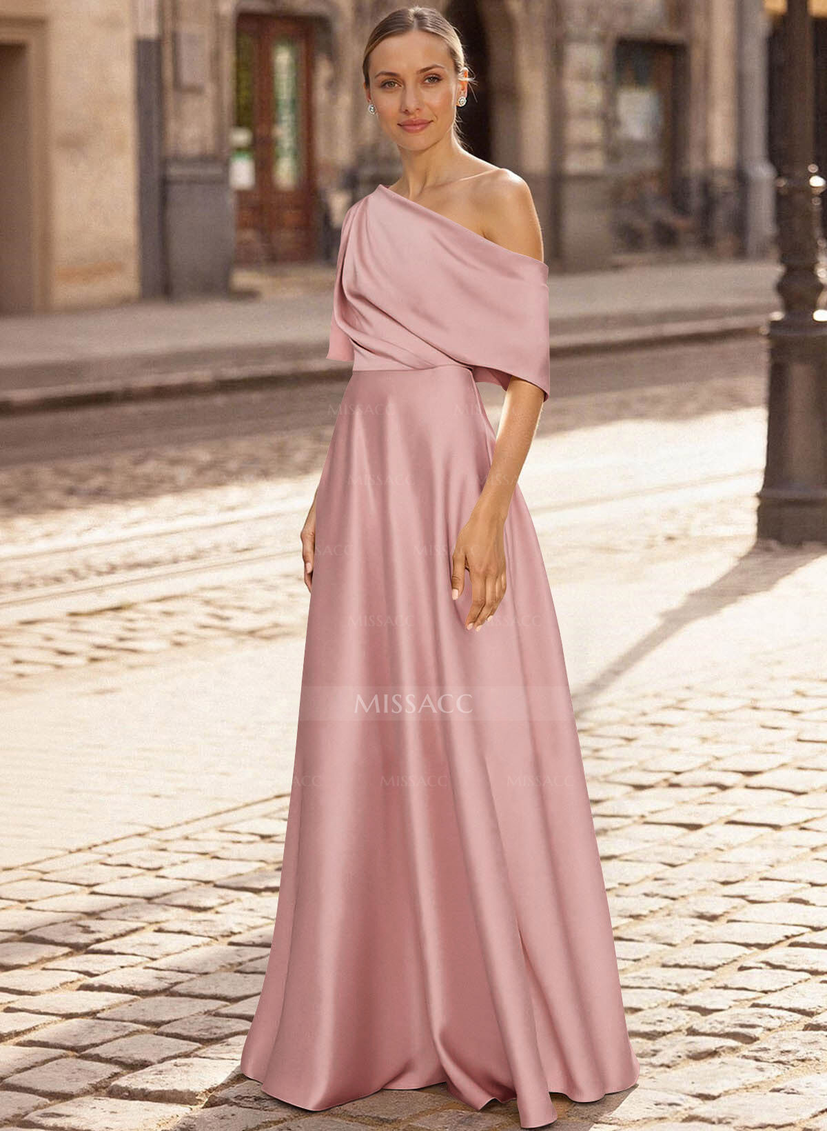 A-Line Asymmetrical 1/2 Sleeves Floor-Length Crepe Satin Mother Of The Bride Dresses