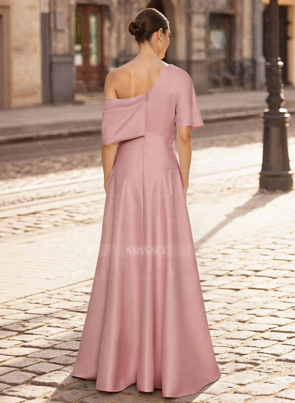 A-Line Asymmetrical 1/2 Sleeves Floor-Length Crepe Satin Mother Of The Bride Dresses