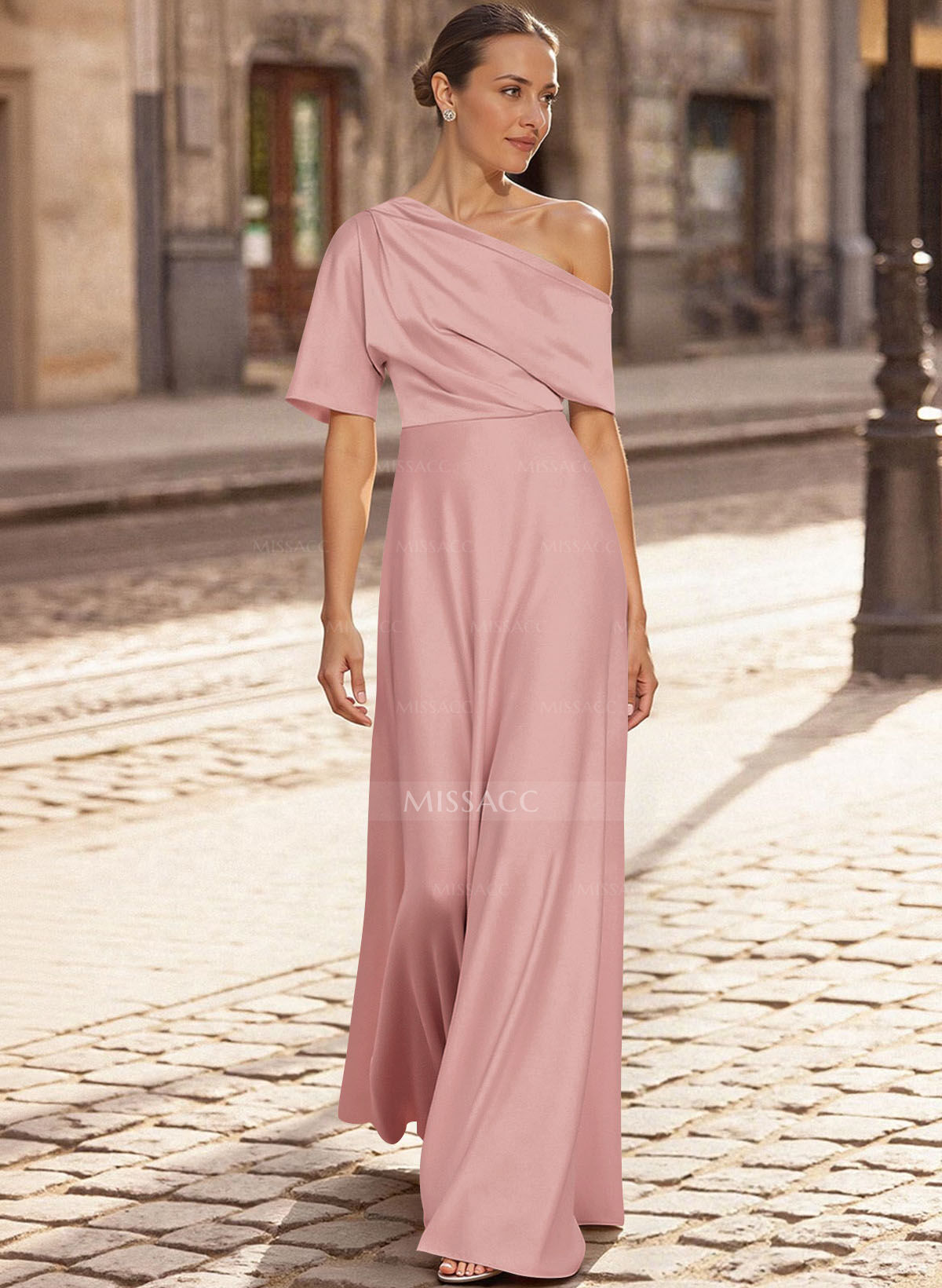 A-Line Asymmetrical 1/2 Sleeves Floor-Length Crepe Satin Mother Of The Bride Dresses