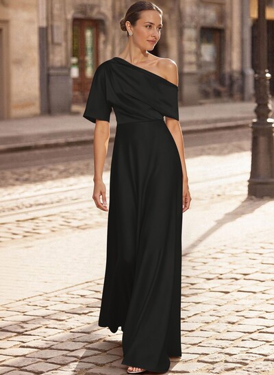 A-Line Asymmetrical 1/2 Sleeves Floor-Length Crepe Satin Mother Of The Bride Dresses