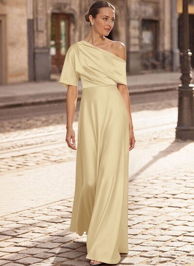 A-Line Asymmetrical 1/2 Sleeves Floor-Length Crepe Satin Mother Of The Bride Dresses