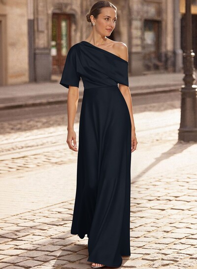 A-Line Asymmetrical 1/2 Sleeves Floor-Length Crepe Satin Mother Of The Bride Dresses